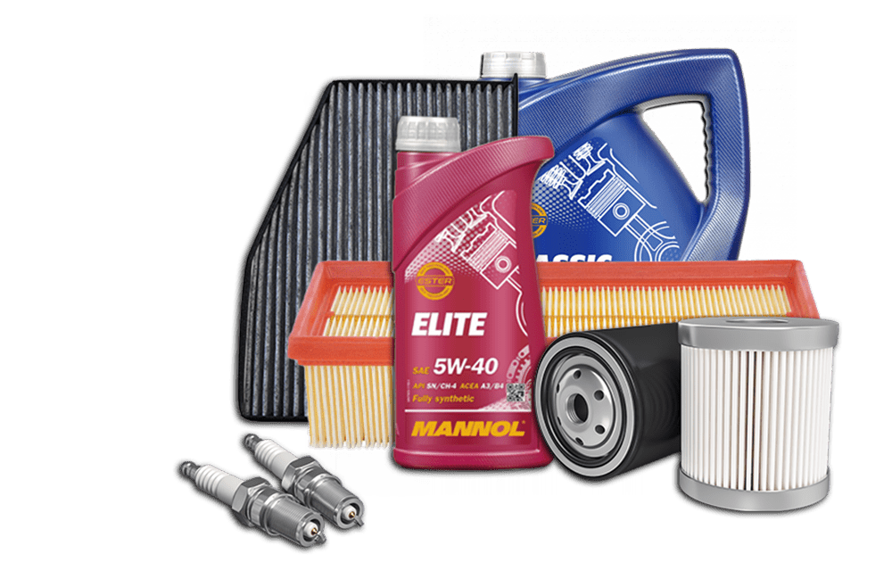 Filter ulja, filter goriva, filter vazduha, svecice i ulje, svi delovi za mali servis automobila slozeni na jednom mestu.